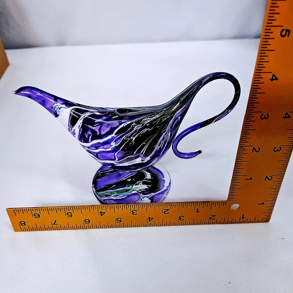 Artisan Genie Lamp Glass Purple Green Swirl Hand Blown Art Decor New Oil Lantern